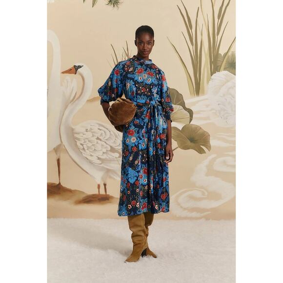 Farm Rio Maxi Dress Blue Floral Print Tie Waist Midi Length Farm Rio Maxi Dress Blue Floral Print Tie Waist Midi Length